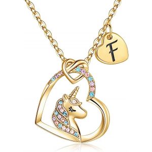 Kal-Collier De Licorne Pour Filles, Collier De Pendentif Coeur Plaqu&eacute; En Or 14 Carats Pour Filles, Avec Cz Color&eacute;e Et Un Pendentif Coeur Initial - Neuf