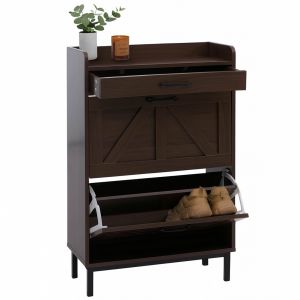 Meuble &agrave; chaussures basculant HWC-P45, &eacute;tag&egrave;re &agrave; chaussures, armoire &agrave; chaussures, 2 compartiments basculants, tiroir de rangement MDF 95x60x24cmaspect noyer - Neuf