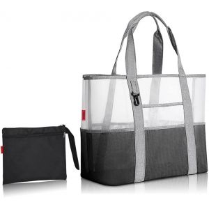 KJAKL-Sac de Plage - Sac fourre-tout en maille durable pour femme avec 7 poches, 1 crochet et 1 sac de rangement pliable - Neuf