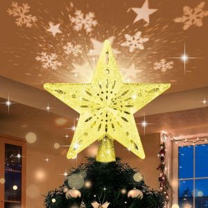 Etoile Sapin De Noel Lumineuse, Etoile Sapin De Noel Avec Lampe Projecteur De Flocon De Neige Led Rotatif, 3d &Eacute;toile De Noel De D'or Verser La D&eacute;coration De No&euml;l Interieur Exterieur, Aliment&eacute; Par 2. - Neuf