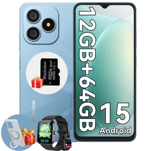 Blackview WAVE 9C T&eacute;l&eacute;phone portable 6.56" 12Go+64Go 5000mAh Android 15 Smartphone Dual SIM Bleu avec Smartwatch R50 - Neuf