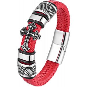 Eryi-Bracelet Homme Cuir, Bracelet Vikings Homme, Croix Chretienne Hommes Bracelets Acier Argent Noir, Bijoux Cadeau Hommes - Neuf