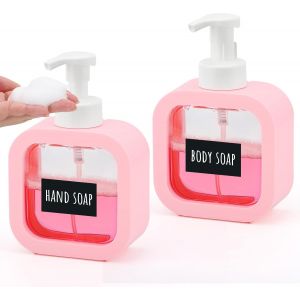 KAL-Distributeur Gel Douche, 2 Pièces 500Ml Pousse Mousse Distributeur, Flacon Mousseur Vide, Distributeur Shampoing En Plastique, Bouteille Savon Salle De Bain Avec Etiquettes (Rose) - Neuf