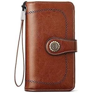 Portefeuille marron pour femme en cuir véritable avec blocage RFID, porte-cartes de crédit, grande capacité, multifonction, porte-cartes de crédit, chéquier - Neuf