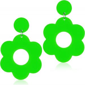 Kal-Boucles D'oreilles Néon Pour Femme Acrylique Boucles D'oreilles De Fleur Rétro Années 80 Et 90 Fleurs Boucles D'oreilles De Fête Pour Filles Halloween Noël Créoles Bijoux De Fête (Vert) - Neuf