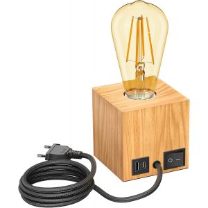 Lampe De Table Hito,Bois Massif,Rectangulaire,Usb,Ampoule E27 Retro Incluse,Or,Max. 814lm,3 Niveaux,Blanc Extra Chaud - Neuf