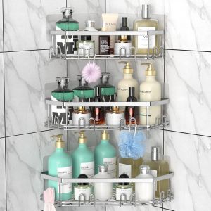 Porte-Savon d'Angle, Organisateur de Douche avec 12 Crochets - Lot de 3 Étagères Adhésives en Acier Inoxydable pour Salle de Bain - Installation sans Percage (Noir Mat) - Neuf