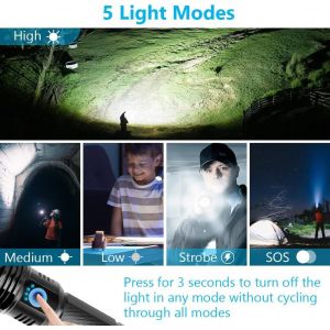 Ultra Powerful Led Torch,Rechargeable Led Flashlight,Ipx7 Waterproof Zoomable Flashlight,5 Flashlight Modes For Camping,Hiking And Emergencies - Neuf