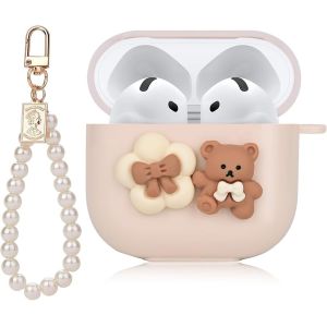 Ourson de Bande dessinée, n?ud et Design Floral avec Collier de Perles pour AirPods 4, Housse en Silicone pour AirPods 4ème génération 4, Housse de Protection Souple pour AirPods Case,Keychain - Neuf