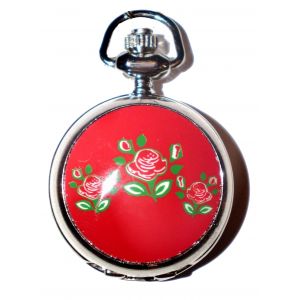 Collier Pendentif En Forme De Montre &Agrave; Gousset- Sautoir Motif Color&eacute; Fleurs Roses Sur Fond Rouge Couleur Argent&eacute; - Neuf