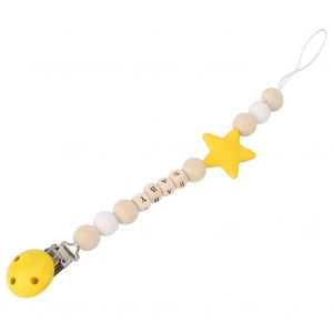Attache-Tetine En Bois Et Silicone Pour Enfant, En Forme D'etoile, Avec Perles Decoratives (Jaune) - Neuf