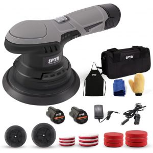 MEVRONISSHOP-Polisseuse Voiture, 125mm 150mm Polisseuse sans Fil, 2500-5000 TR/Min (6 Niveaux), Batteries de Rechange 12 V, 12x &eacute;ponge de Polissage, &Eacute;ponge de polissage en microfibre pour Le Polissa - Neuf