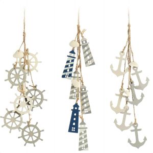 3X décoration à Suspendre Maritime-décoration à Suspendre-Volant,Ancre et Phare avec Coquillages-décoration à Suspendre en Bois (3 pièces-Gris/Blanc/Bleu) - Neuf