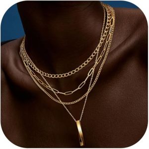 Kal-14k Plaqué Or/Argent Femmes Collier Délicat Cz Empilable Y Collier Mignon Perle Papier Clip Chaîne Pendentif Collier Set - Neuf