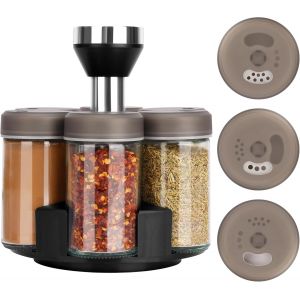 Cmwx-Range Epices Cuisine Avec 6 X Pot A Epices En Verre & Couvercles Gris - Rangement Épices Rotatif 360° En Acier Inoxydable - Rangement Epices Cuisine, Herbes & Assaisonnements Avec Pots - Neuf