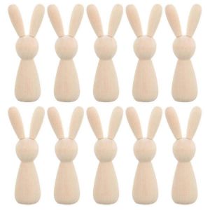 10 Pcs Inachev&eacute; Lapin En Bois Poup&eacute;e Figure Non Peint Peg Poup&eacute;es Bricolage Blanc Lapin En Bois Marionnette Artisanat Art D&eacute;coration De P&acirc;ques - Neuf