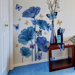 Stickers Muraux papillon floral bleu - AQSACOKIYA - Autocollants Muraux pour Chambre Enfants B&eacute;b&eacute; P&eacute;pini&egrave;re Salon (Bleu) - Neuf
