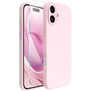 KALANKA-pour iPhone 16 Coque, Cover Silicone Liquide de Haute Qualit&eacute; pour iPhone 16 (6.1"") avec 1 Verre tremp&eacute;, Protection 360&deg;, Doublure en Microfibre Antichoc Case - Rose - Neuf