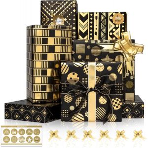 Kalanka-Papier Cadeau Noir Et Or Métallisé Brillant, 6 Feuilles Papier D'emballage Cadeau Luxe Avec 6 N?Uds À Tirer Et Autocollants, Lot Papier Cadeaux Pour Anniversaire, Noël, Vacances, 70x50cm - Neuf