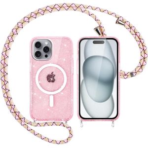 SJZG-Couqe Magnétique Pour Iphone 16 Pro Max Con Cordon 6,9"",Compatible Avec Magsafe, Transparent Glitter Pailleté Antichoc Anti-Rayures Housse Réglable Collier Case Pour Iphone 16 Pro Max,Rose Noir - Neuf