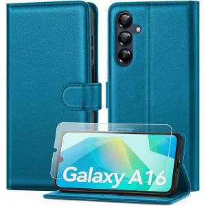 CAUC-Coque pour Samsung Galaxy A16 avec Verre Tremp&eacute;, &eacute;tui Cuir PU Magn&eacute;tique [ Pochette de Portefeuille ], Housse de Fonction Stand Video Porte Carte Credit &agrave; Rabat pour Samsung A16 -Bleu Vif - Neuf