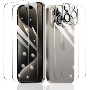 JGD-2&times;Film Protection D'&eacute;cran pour iPhone 15 Pro + 2&times;Protection Camera Objectif Arriere appareil Photo + 2&times;Arri&egrave;re Verre Tremp&eacute;, Vitre Protecteur Accessoires, HD Duret&eacute; 9H Glass, Compatible Coque - Neuf