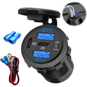 JGD-Prise USB 12V, Prise De Chargeur De Voiture Double Port, USB/QC3.0 Et PD/Type-C Double Prise De Chargeur pour 12V/24V Voitures Bateaux Moto - Neuf