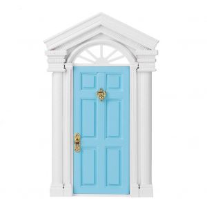 Porte miniature en bois de bouleau pour maison de poupee 1:12 avec accessoires, bleu - Neuf