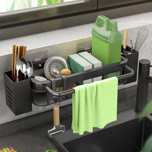 Porte Eponge Evier Cuisine, Organiseur Evier Cuisine Avec Bac Vidange/Porte-Baguettes/Porte-Serviette/2 Crochet, Range Eponge Evier Cuisine Suspendre Sans Perçage, Porte Eponge Cuisine Mural A Torcho - Neuf