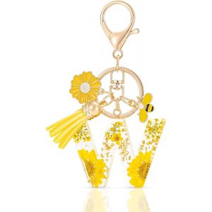 KAL-Letter Keychains Initiale Lettre Porte Clef Lettre,Alphabet Initial Keyring Avec Pampille Pendentif,Jaune Pétales Feuille D'Or Key Ring Pour Femmes Filles Portefeuilles Sac À Main Charme - Neuf