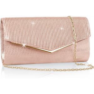 Pochettes et Clutches Femme,Sac de Soir&eacute;e Rayures Verticales Brillantes avec Cha&icirc;ne D&eacute;tachable,Chic Sac a Main Femme pour Ceremonie Mariage Fete Cocktail Bal Voyage,23x5x12cm (Rose Or) - Neuf