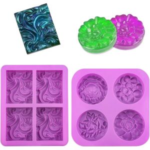 Kal-2 Pièces 4 Cavités Moules À Savon En Silicone, Moules À Savon Faits Maison, Avec 4 Filet Moussant Moule Silicone Fleur, Moule Fleur Silicone, Pour Savon, Bougies - Neuf