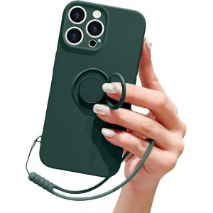 Kal-Compatible Avec Iphone 16 Pro Coque En Silicone Liquide Avec Anneau De Support Béquille Support De Voiture Magnétique Dragonne Détachable Housse De Protection Souple Antichoc-Vert Noirâtre - Neuf