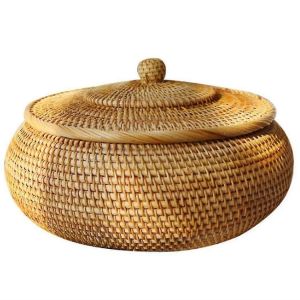 Boîte de rangement ronde en rotin tressé de saule naturel avec couvercle - Panier polyvalent pour fruits,pain,décoration intérieure - Neuf