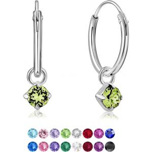 Kal-&reg; Boucles D'oreilles Petites Cr&eacute;oles En Argent Fin 925 Avec Petit Pendentif 3 Mm Cristaux De Swarovski&reg; Elements Ronds - &Eacute;paisseur 1.5 Mm - Diam&egrave;tre: 14 Mm - Choix De Diff&eacute;rentes Couleurs - Neuf
