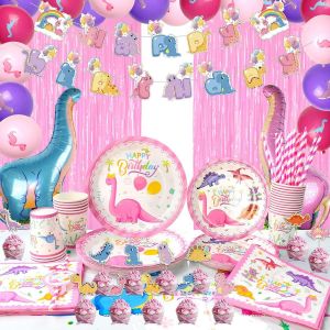 Kaleidoscope-Pour Fille Ensemble De Vaisselle De Fête Dinosaure - Bannière Happy Birthday, Ballons, Rideaux, Nappe, Assiette, Gobelets, Ballons, Fête D'anniversaire Pour Enfants Décoration A[Q2241] - Neuf