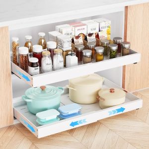Eryi-Tiroir Coulissant Cuisine -1 Pièce, Bac Coulissant Placard Cuisine,Tiroir Coulissant Extensible(L32-50cm X P42 Cm X H7.5cm), Pas De Vis/Poinçonnage,Tiroir Telescopique (Blanc) - Neuf