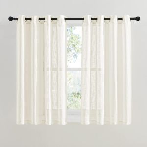 Eryi-Rideaux Voilages Intérieurs - Décoration De Fenêtre Pour Cuisine Voile En Lin Demi Transparent Draperies À Oeillets Avec Motif De Croix, 132 X 137 Cm, Beige Clair, 2 Pièces - Neuf