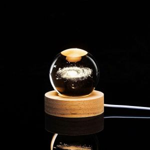 Veilleuse Globe En Cristal 3d Grav&eacute; Avec Socle En Bois - Neuf