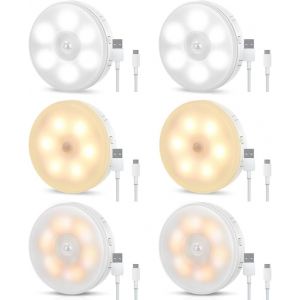 Cheng-Lampe Usb Rechargeable Détecteur De Mouvement, Veilleuse Led Sans Fil Automatique Pour Placard, Cuisine, Couloir, Escalier, Chambre - Blanc Froid/Chaud/Neutre, 6 Pièces - Neuf