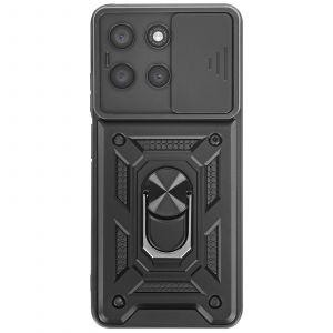 Coque pour Moto G56 avec Bague Support et Cache Cam&eacute;ra Coulissant Noir - Neuf