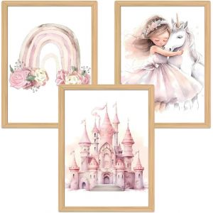 KALANKA-Affiche Decoration Murale Fille, Set 3 Poster Mural de Licorne Princesse Arc-en-ciel et le Ch&acirc;teau, Couleur Rose Poster 30&times;40cm, Applicable &agrave; Deco Chambre ado Fille, Sans Cadre - Neuf