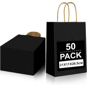 50 Pcs Moyen Sac Papier Cadeau,Noir Sac Papier Kraft Avec Poignée Pochette Cadeaux Recyclable,Sachet Kraft Emballage Cadeau,Pochette Kraft Pour Noël Mariage Anniversaire Fête(21x11x27cm) - Neuf