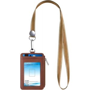 Porte-Badges En Pu Cuir Verticaux Lanière Avec Porte-Carte D'Identité Hommes Femmes Portefeuille Avec Transparent Fenêtre D'Identité 4 Fentes De Cartes Poche Fermeture À Glissière Marron - Neuf