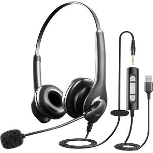 Casque Usb Avec Microphone Antibruit Et Prise Jack 3,5 Mm,Micro-Casque Pc Filaire Pour Ordinateur Avec Contr&ocirc;le D'Appel En Ligne,Bureau,Skype,Maison,T&eacute;l&eacute;phone,Tablette - Neuf