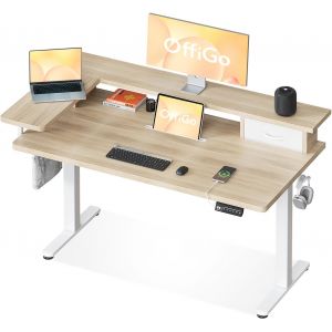Ulteronixshop-Bureau Assis Debout, 1 Pi&egrave;ce Plateau, 120 x 60 cm Bureau Debout Electrique avec Support d'&eacute;cran en L, Standing Desk avec Tiroir, Table avec Prise USB, Ergonomique Table Ordinateur, Beig - Neuf
