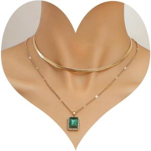 Kal-Collier De Chaîne De Serpent En Couches Collier Ras Du Cou De Pierres Précieuses Collier À Chevrons Collier De Pierre De Naissance Émeraude Chaîne En Or Collier Solitaire Bijoux Pour Femmes Fille - Neuf