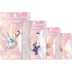 Kal-100 Sachets Refermable Zip Transparent, Pochons Zip Holographique, Sachets Mylar Avec Trou De Suspension, Sachet Hermétique Pour Des Objets Et Stockage Des Aliments (Iridescent, 8x13 Cm) - Neuf