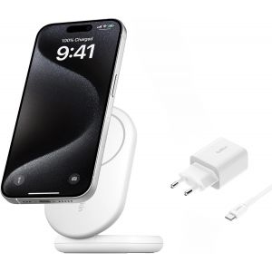 Boostcharge Socle De Recharge Qi2 (Chargeur Pliable, Compatible Magsafe, 15 W, Pour Modèles De L'iphone 16, 15, 14, 13, Chargeur Compatible Standy, Adaptateur Secteur Inclus, Blanc) - Neuf