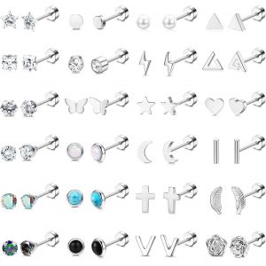 Kal-24 Paires Petite Boucles D'oreilles Femme Acier Chirurgical Cartilage Boucles D'oreilles Hypoallergénique Etoile Lune Perle Cz Clou D'oreille Plat Ensemble Piercing Bijoux - Neuf